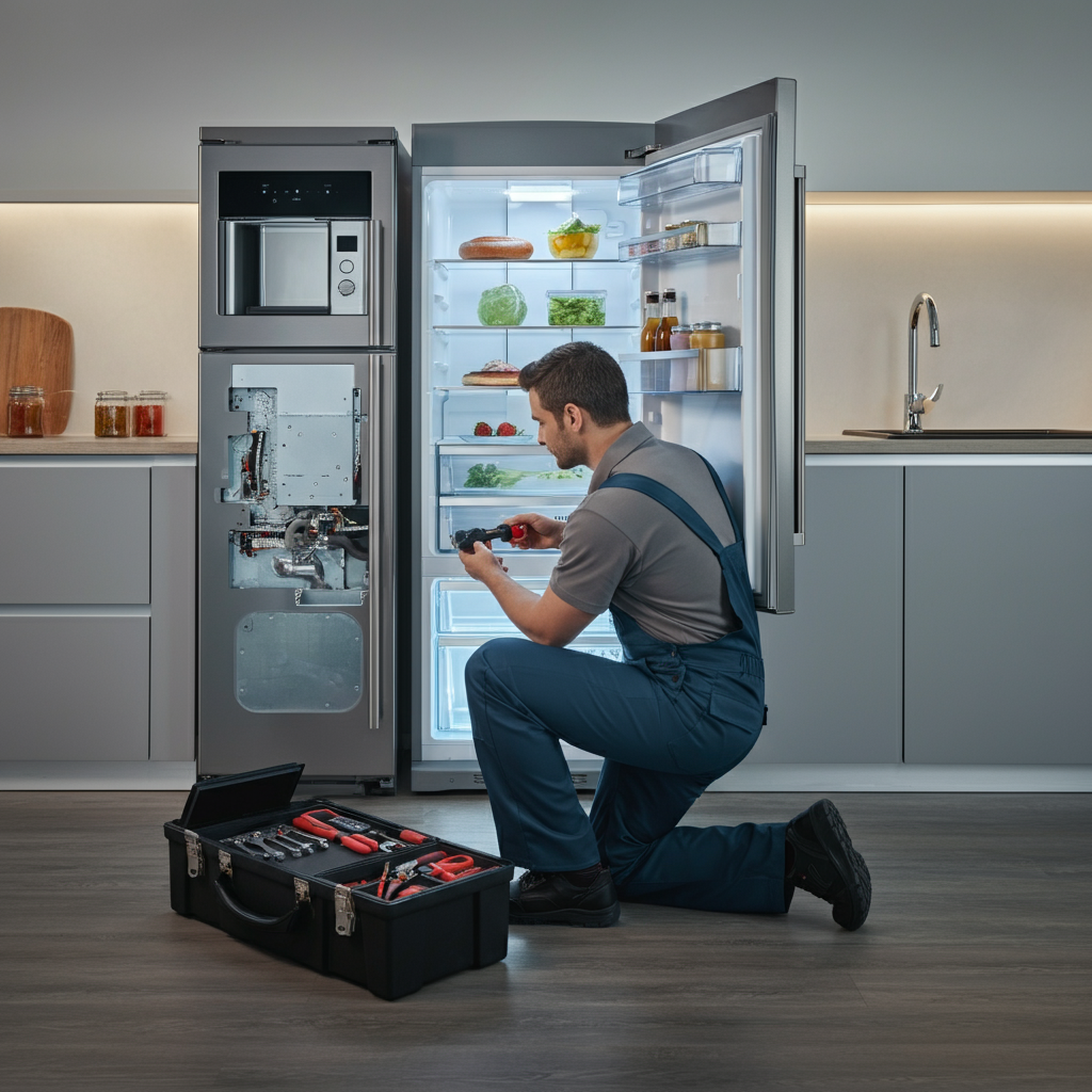 Professional Fridge Repair Abu Dhabi - EZ Repair technicians servicing a refrigerator